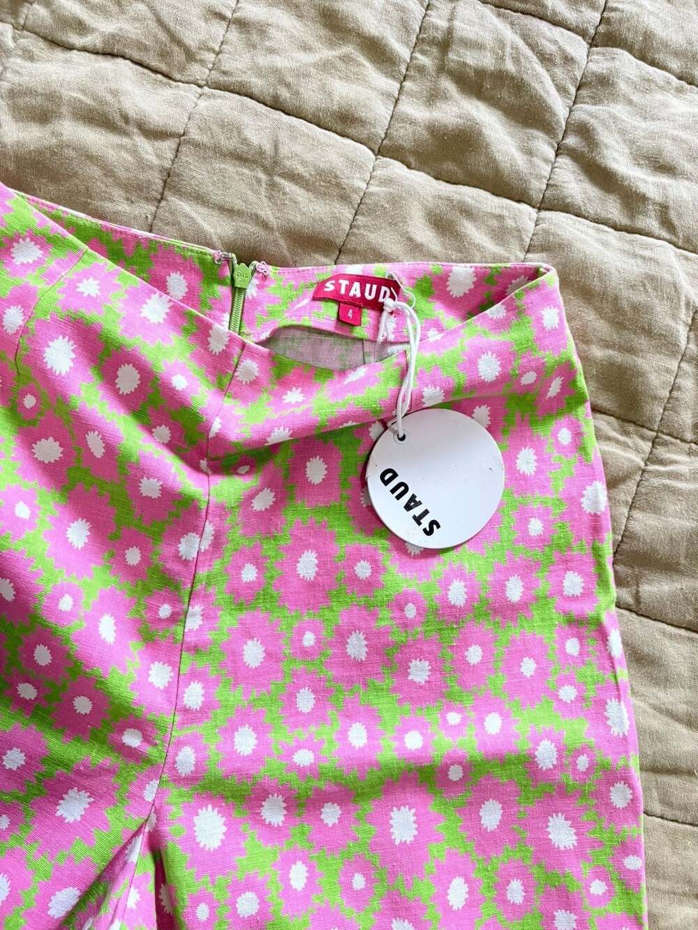NWT Staud Green and Pink Floral Print Linen Pants Size 4